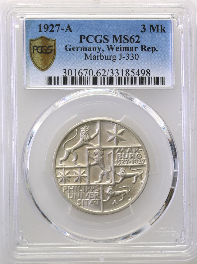 Niemcy. Weimar, 3 marki 1927 A Uniwersytet Marburg PCGS MS62